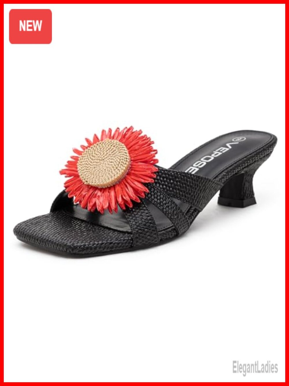 Woven Raffia Floral Slide Sandals Square Open Toe Kitten Heel Beach